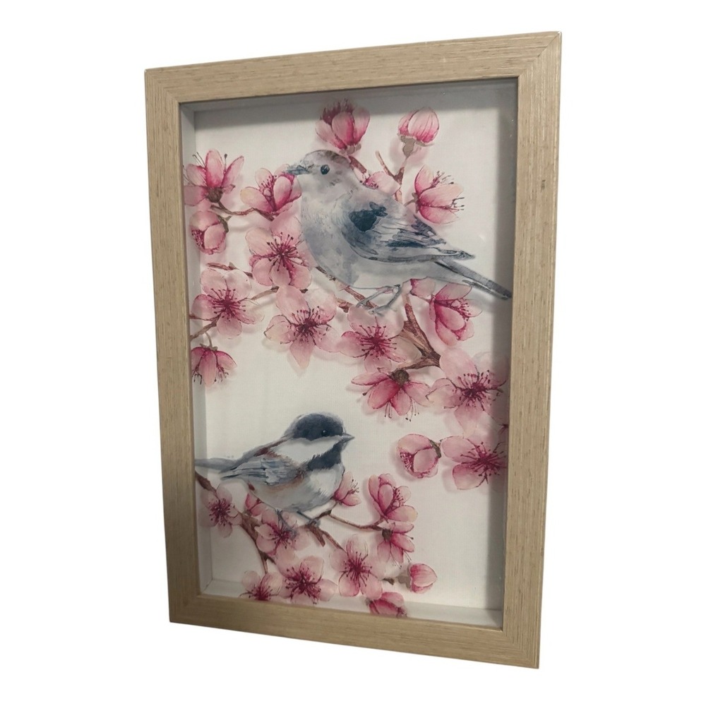 Chickadee Birds Cherry Blossom Framed Reverse Painted Glass Art 12x8in